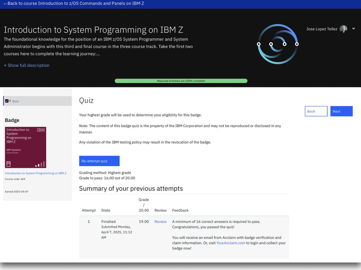 josealopezt's tweet image. View my verified achievement from @IBM.
Badge link:credly.com/badges/edad44e… @credly
#EnterpriseComputing #HighPerformance #Mainframe #zOS #IBMZ #IBMMainframe
