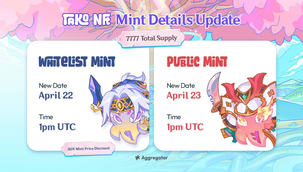 🚨 Updated: Whitelist &amp; Public Tako NFT Mint Details 🚨

We're just as excited about the Tako NFTs as you are! However, the official mint timeline will take place ONE week later to perfect our artworks.

NEW TIMELINE:

🗓 April 22, 1pm UTC: Whitelist mint
🗓 April 23, 1pm UTC: