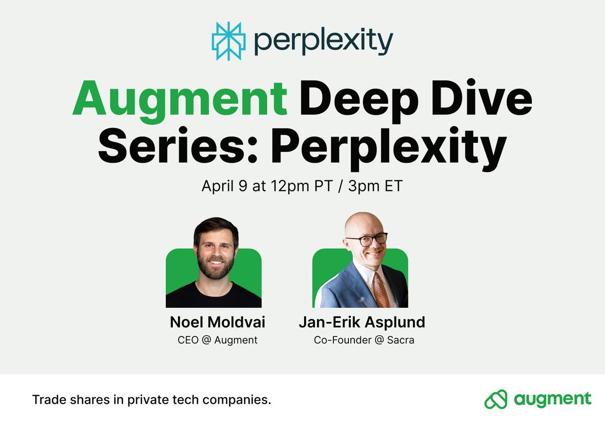 Noel Moldvai (@noelregrets) on Twitter photo π AI SPOTLIGHT: Unpacking <a href="/perplexity_ai/">Perplexity</a>'s Growth Trajectory
I'll be diving deep with <a href="/sacrainc/">Sacra</a> Research Lead <a href="/janerikasplund/">Jan-Erik Asplund</a> this Wednesday at 12pm PT / 3pm ET for our second installment of our <a href="/AugmentMarkets/">Augment</a> x Sacra livestream series.
We'll be breaking down:
- How π AI SPOTLIGHT: Unpacking <a href="/perplexity_ai/">Perplexity</a>'s Growth Trajectory
I'll be diving deep with <a href="/sacrainc/">Sacra</a> Research Lead <a href="/janerikasplund/">Jan-Erik Asplund</a> this Wednesday at 12pm PT / 3pm ET for our second installment of our <a href="/AugmentMarkets/">Augment</a> x Sacra livestream series.
We'll be breaking down:
- How