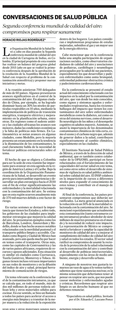 Eduardo Lazcano Ponce (@elazcanoponce) on Twitter photo El <a href="/inspmx/">INSP México</a>, a través de la Dir. de Salud Ambiental (Centro colaborador de la <a href="/OPSOMSMexico/">OPS/OMS México</a>), participó en la "Segunda conferencia mundial de calidad del aire: compromisos para respirar sanamente".
Comparto el artículo de
Horacio Riojas al respecto: lajornadamorelos.mx/opinion/conver… El <a href="/inspmx/">INSP México</a>, a través de la Dir. de Salud Ambiental (Centro colaborador de la <a href="/OPSOMSMexico/">OPS/OMS México</a>), participó en la "Segunda conferencia mundial de calidad del aire: compromisos para respirar sanamente".
Comparto el artículo de
Horacio Riojas al respecto: lajornadamorelos.mx/opinion/conver…