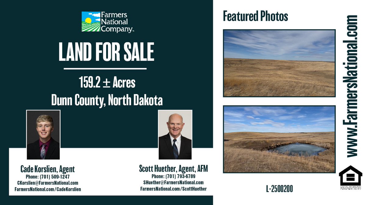 #Land For Sale!
159.2 acres in Dunn County, #NorthDakota.

Abundance of good #nativegrass! Spring-fed #waterhole on site. #Mineralrights are not reserved.

🔗: farmersnational.com/real-estate/pr…