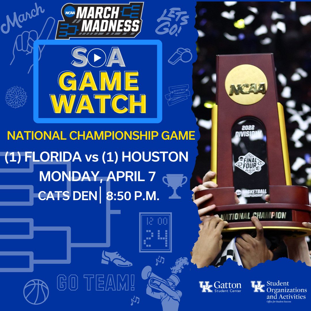 Who will win the Big Dance? Come watch the NCAA Men's Basketball National Championship game between the Florida Gators and Houston Cougars. Game will be broadcasted live tonight in the Cats Den, tipoff at 8:50pm! Light snacks will be available while supplies last! 🏀🏆️