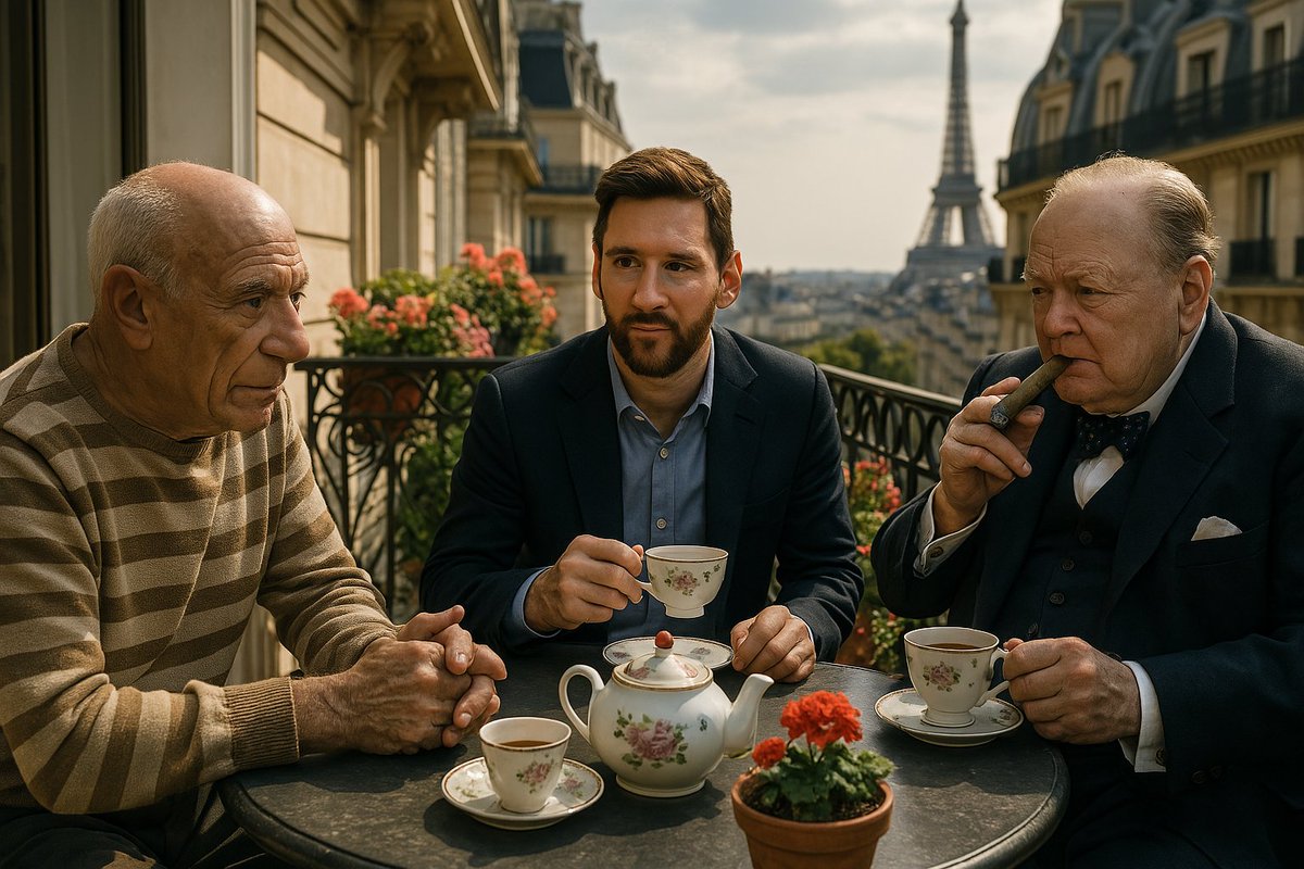 Picasso, Messi and Churchill having a morning coffee in Paris, France.
