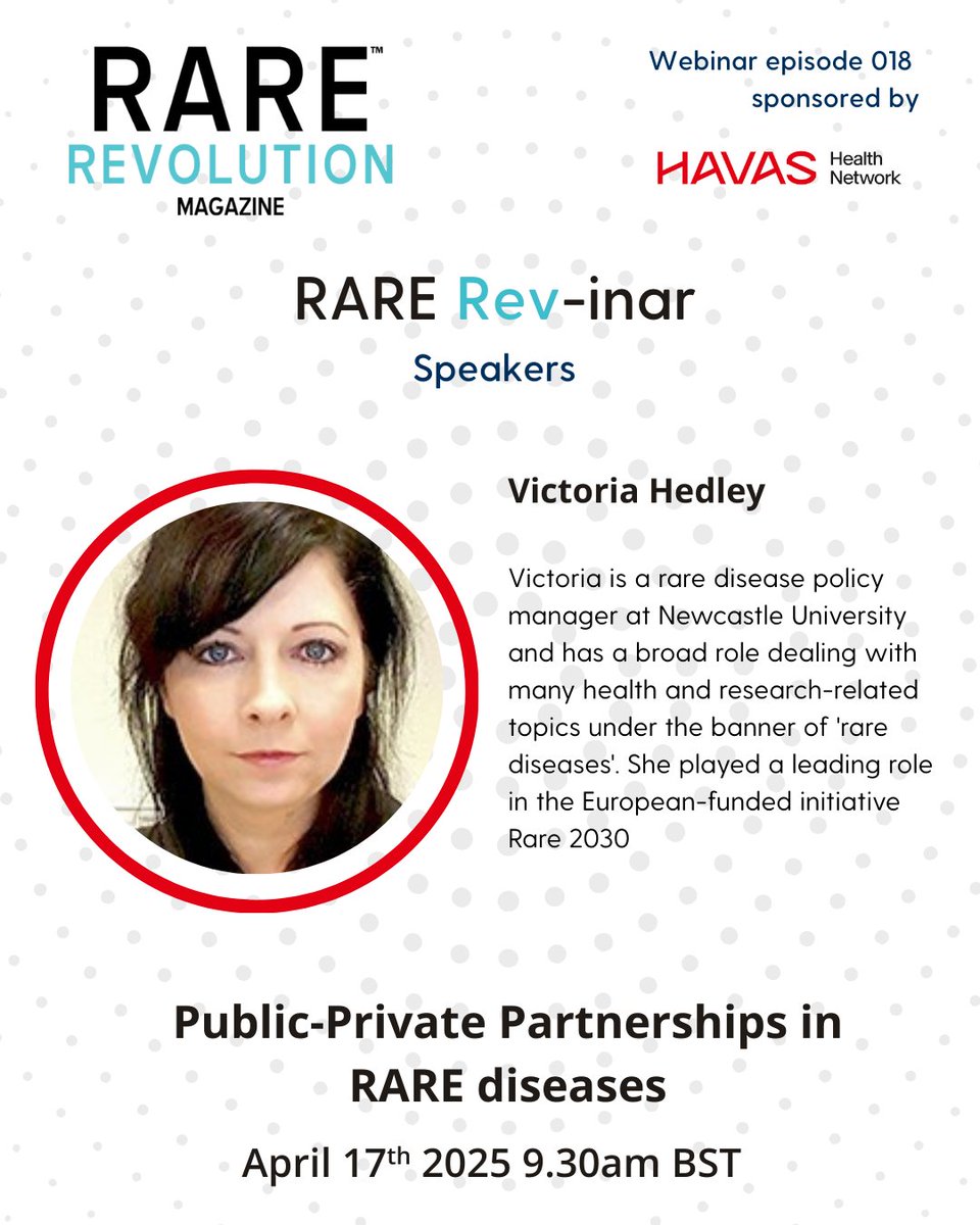 RARE Revolution Magazine (@rarerevolutionm) on Twitter photo Hear from Victoria Hedley, Rare Disease Policy Manager at Newcastle University, on the importance of industry involvement and overcoming barriers in PPPs. April 17th, 9:30 am BST. Register: bit.ly/Havas-PPP-Webi… #RareDiseasePolicy
<a href="/havaslondon/">Havas London</a>
<a href="/havashealthyou/">Havas Health & You</a> Hear from Victoria Hedley, Rare Disease Policy Manager at Newcastle University, on the importance of industry involvement and overcoming barriers in PPPs. April 17th, 9:30 am BST. Register: bit.ly/Havas-PPP-Webi… #RareDiseasePolicy
<a href="/havaslondon/">Havas London</a>
<a href="/havashealthyou/">Havas Health & You</a>