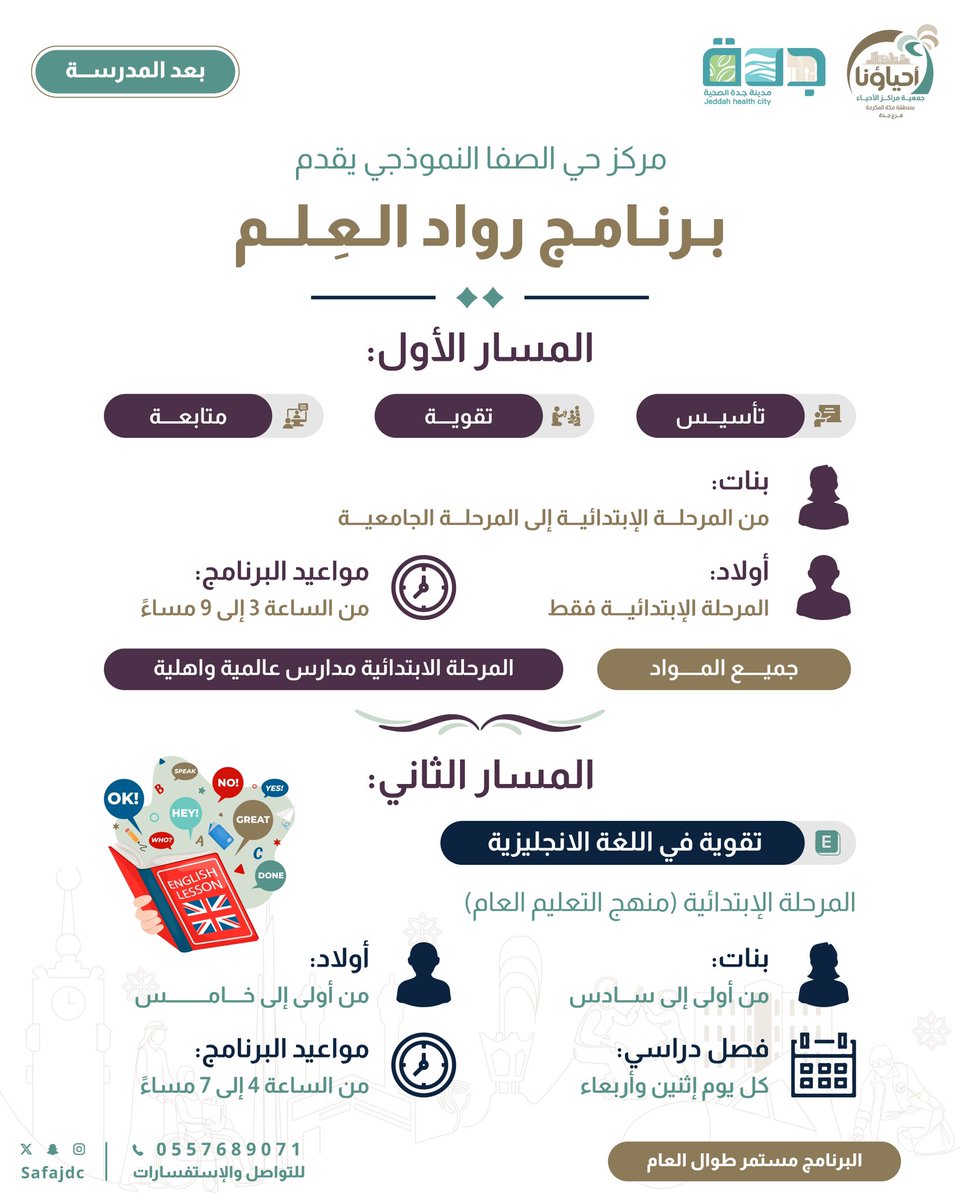 برنامج رواد العِلم📚📝

يهدف الى مساعدة الأم العاملة في تأسيس و تقوية ومتابعة اطفالها في المواد الدراسية
بمسارين مختلفة و مواعيد مرنة
التسجيل مستمر طوال العام✨