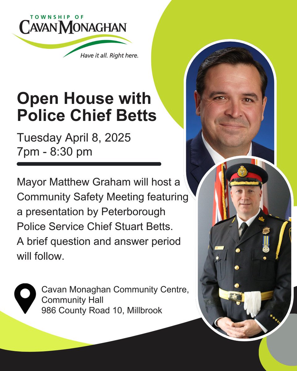 Township of Cavan Monaghan (@cavanmonaghan) on Twitter photo Mayor Matthew Graham will host a Community Safety Meeting featuring a presentation by <a href="/PtboPolice/">Peterborough Police</a> Chief Stuart Betts Tuesday April 8th from 7pm to 8:30pm. A brief Q&A period will follow. cavanmonaghan.net/OpenHouseChief… Mayor Matthew Graham will host a Community Safety Meeting featuring a presentation by <a href="/PtboPolice/">Peterborough Police</a> Chief Stuart Betts Tuesday April 8th from 7pm to 8:30pm. A brief Q&A period will follow. cavanmonaghan.net/OpenHouseChief…