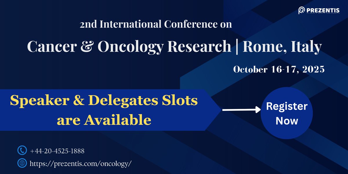 Interact with World-Class Oncologists and Researchers at Oncology 2025
prezentis.com/oncology/ 
#CancerDetection #OncologyNursing #cancerepidemiology #immunotherapy #immunooncology #Cancerdrugs #cancercare #oncologyresearch #SurgicalOncology