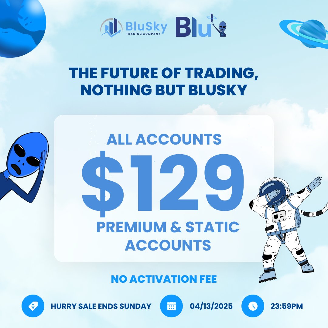 BluSkyTrading's tweet image. Ready to maximize your impact? For a limited time, all Premium and Static accounts are available for $129. Offer ends Sunday, April 13th, 23:59. See the graphic for your promo code and unlock your full potential!