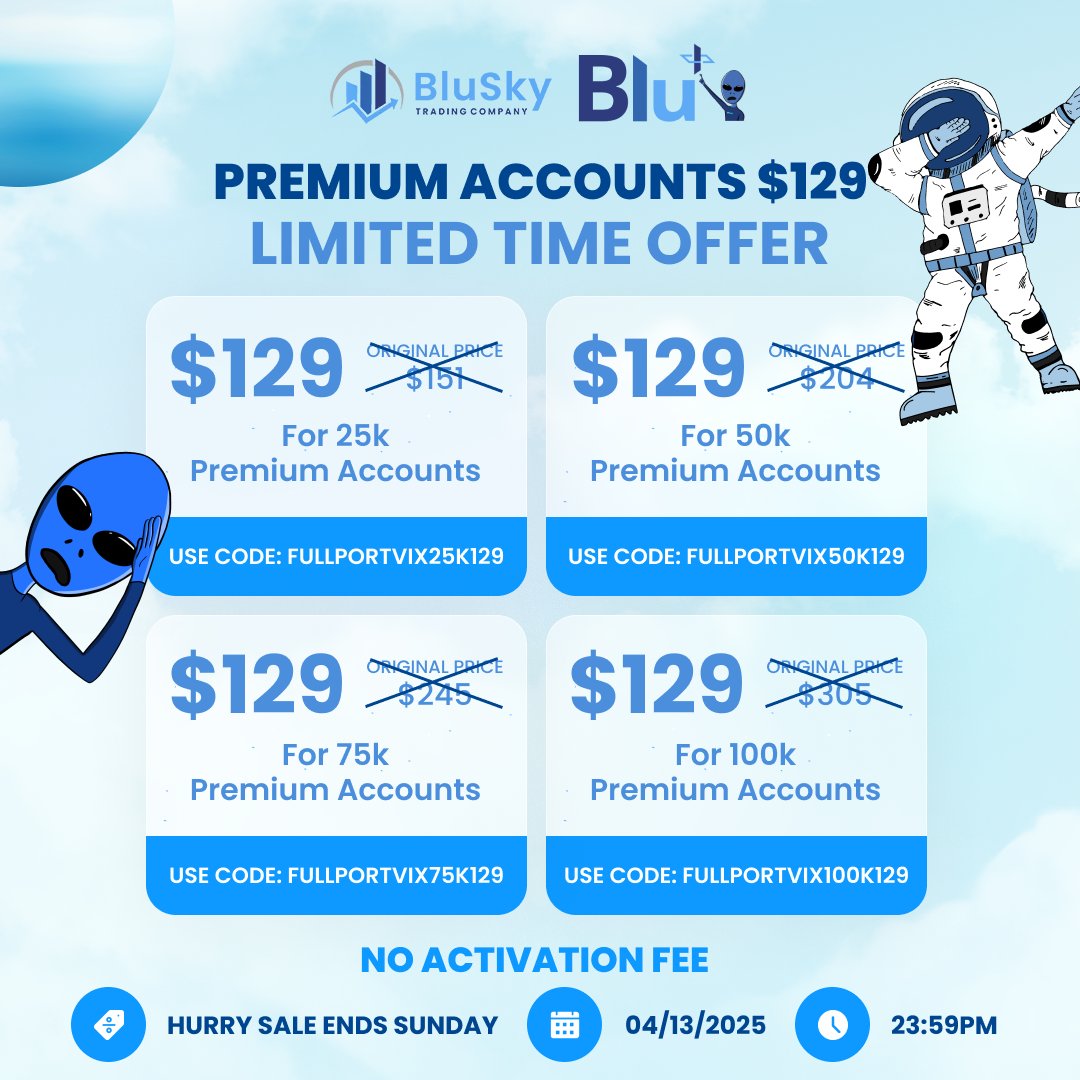 BluSkyTrading's tweet image. Ready to maximize your impact? For a limited time, all Premium and Static accounts are available for $129. Offer ends Sunday, April 13th, 23:59. See the graphic for your promo code and unlock your full potential!