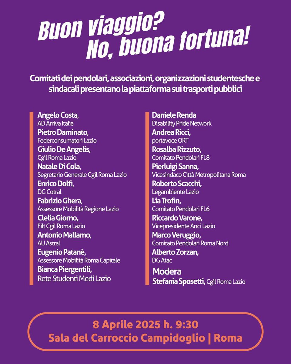 🚨 Importante iniziativa in arrivo! 🚨

Domani, insieme a CGIL Roma e Lazio, Federconsumatori Lazio e ai Comitati dei Pendolari, presenteremo una piattaforma per migliorare i trasporti. Sarà un'occasione per discutere con le Istituzioni locali e le aziende del settore.