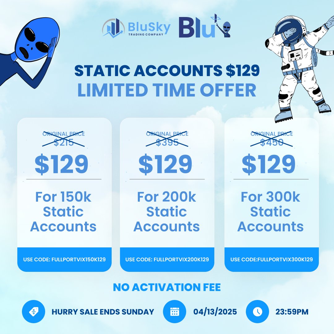 BluSkyTrading's tweet image. Ready to maximize your impact? For a limited time, all Premium and Static accounts are available for $129. Offer ends Sunday, April 13th, 23:59. See the graphic for your promo code and unlock your full potential!