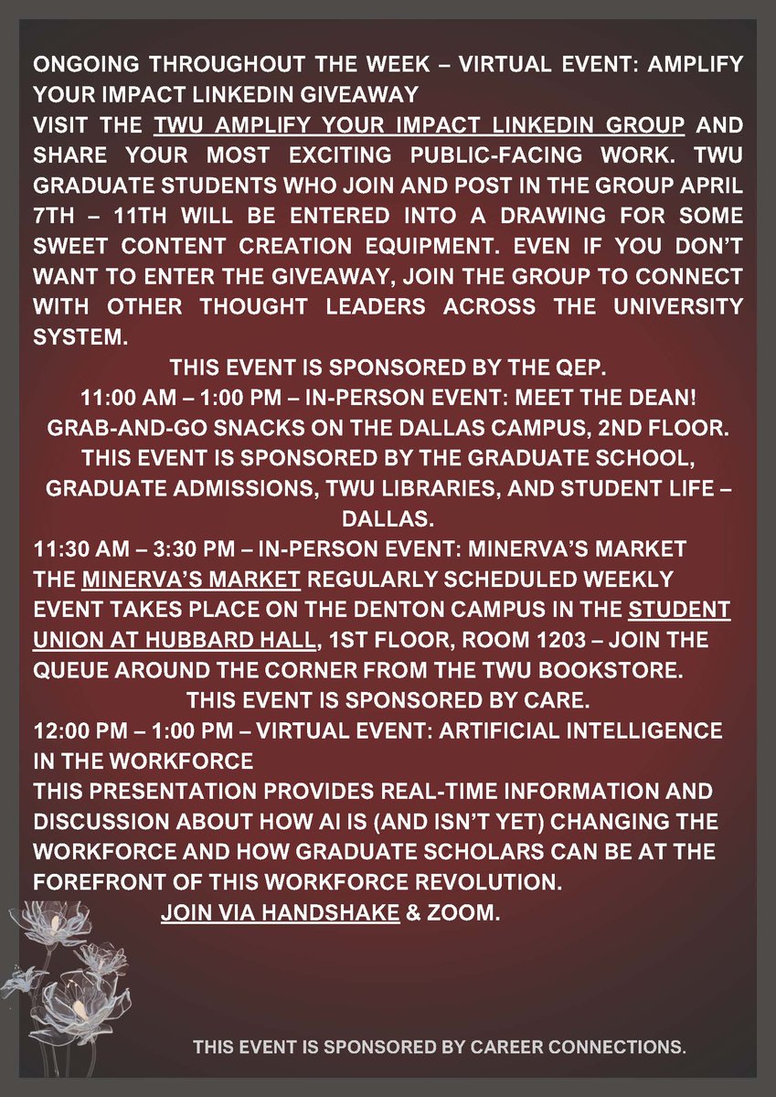 APRIL 7th Events ( Graduate Student Appreciation Week)
Also don't forget to stop by the Graduate Study Space (Denton) and check out a little something the Graduate School put together for you!