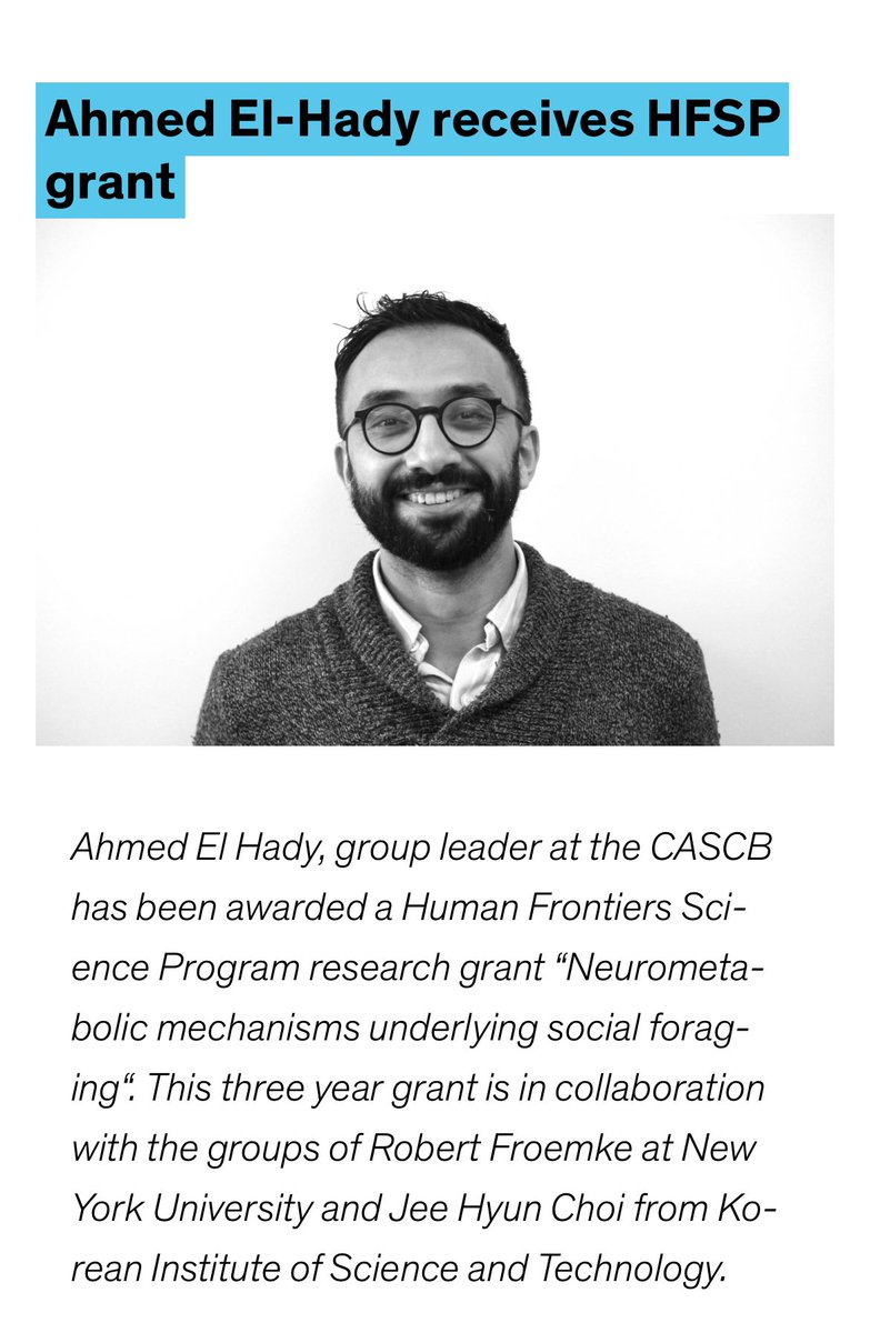 Ahmed El Hady (@zamakany) on Twitter photo So happy to receive a Human frontiers science project research grant along with <a href="/Froemkelab/">Froemke Lab</a> at NYU and Jee Hyun Choi from the Korean Institute of Science and Technology .
exc.uni-konstanz.de/collective-beh…
The grant focuses on neuro-metabolic mechanisms underlying social foraging in mice So happy to receive a Human frontiers science project research grant along with <a href="/Froemkelab/">Froemke Lab</a> at NYU and Jee Hyun Choi from the Korean Institute of Science and Technology .
exc.uni-konstanz.de/collective-beh…
The grant focuses on neuro-metabolic mechanisms underlying social foraging in mice