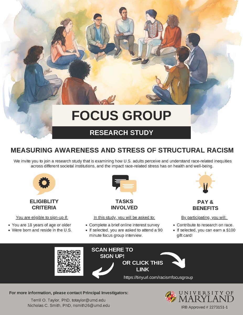📢 We need your voice! join our focus group study exploring the impact of #structuralracism on mental health. Participate in a 90-minute discussion and receive a $100 gift card. Sign up here: tinyurl.com/racismfocusgro…