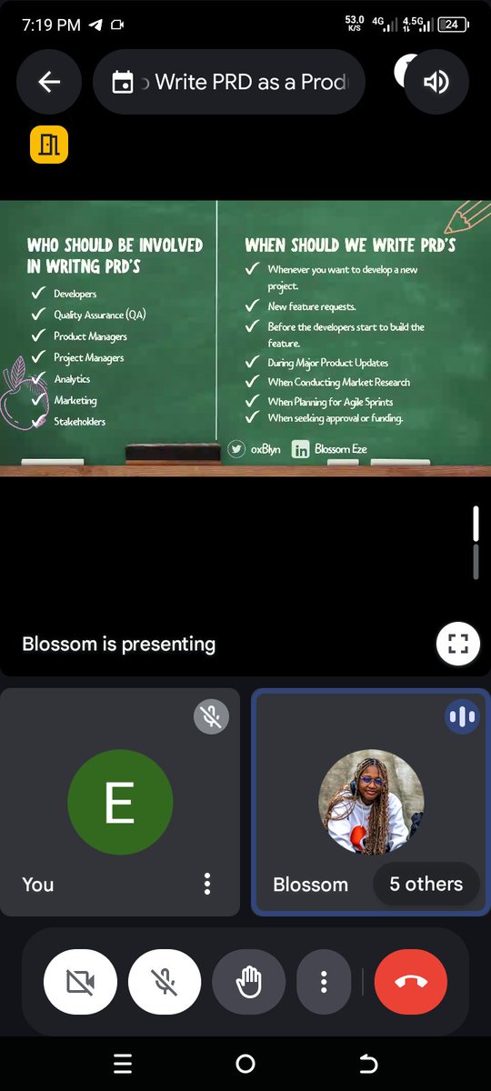 blizz_code's tweet image. Throwback to a wonderful session on Saturday with @0xBlyn
She took her time to explain what a Product Requirement Document (PRD) is, what should be included and what is included in a Functional Requirement Document.
Thank you for teaching us.
#blizzcodeacademy #community