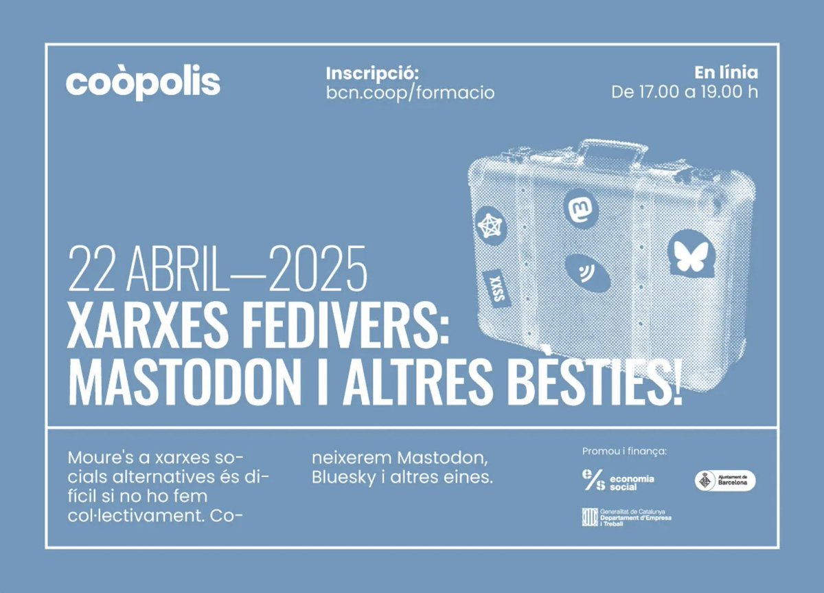 😃 La cooperativa federada <a href="/femprocomuns/">femProcomuns Coop</a> impartirà una formació sobre Mastodon.

🗓️ 22 d'abril a les 17 h, en línia.

Més informació i inscripcions:
bcn.coop/formacio/xarxe…