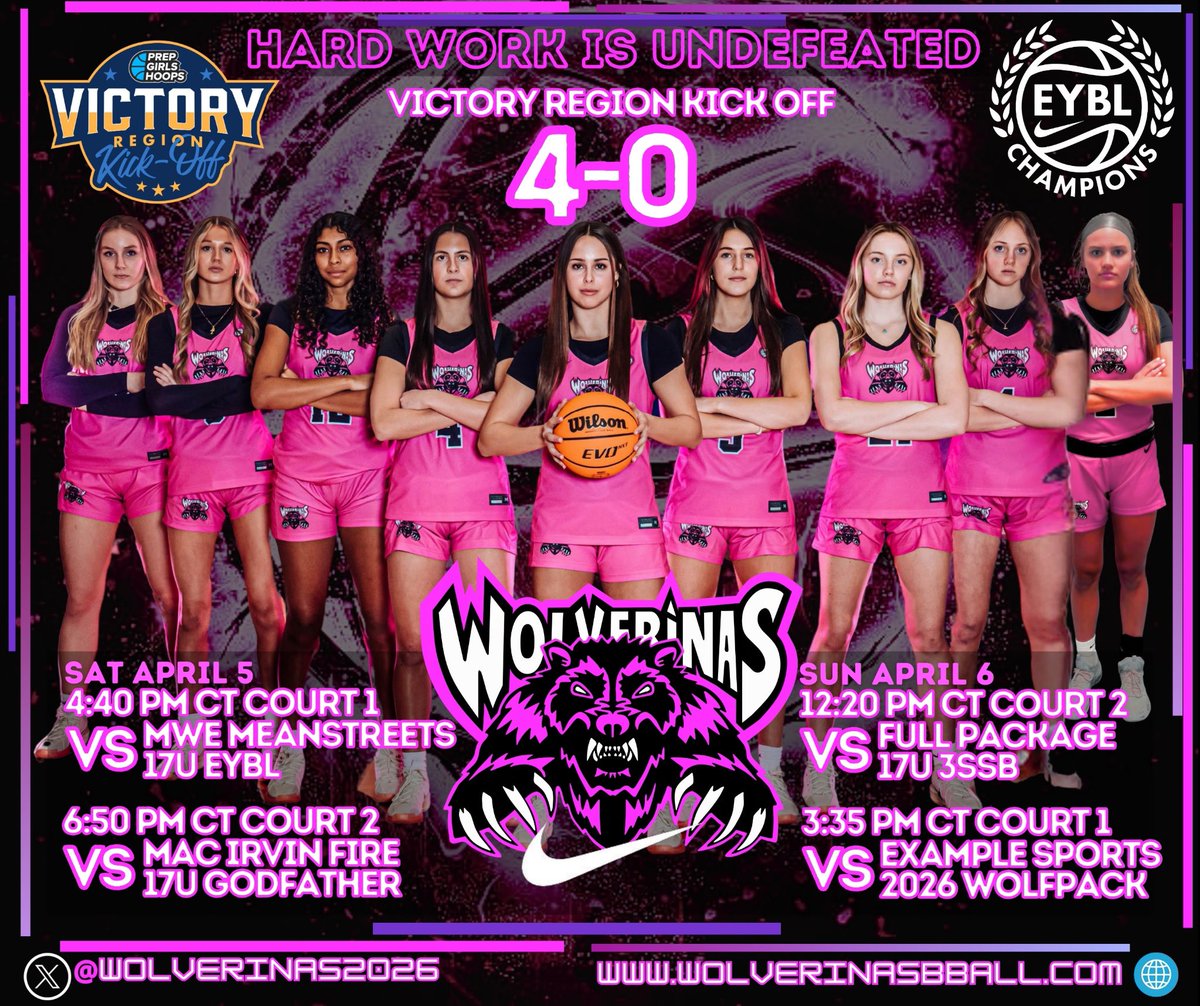 Wolverinas Basketball U17 (@wolverinas2026) on Twitter photo Congrats to our U17 team for going 4-0 against the top teams in Chicago this weekend at the Victory Region Kickoff!
NEXT weekend we are in Iowa to play more top teams! Hard work is undefeated! ๐ช๐ช
<a href="/pgh_lisa/">PrepGirlsHoopsLisa</a> <a href="/PGHByron/">Byron Xerxes Livsey</a> <a href="/PGHBrooks/">Jeremy Brooks</a> <a href="/JDabbs86/">Jim Dabbelt</a>
<a href="/nikegirlseycl/">Nike Girls EYBL Champions League</a>
<a href="/NikeGirlsEYBL/">Nike Girls EYBL</a> Congrats to our U17 team for going 4-0 against the top teams in Chicago this weekend at the Victory Region Kickoff!
NEXT weekend we are in Iowa to play more top teams! Hard work is undefeated! ๐ช๐ช
<a href="/pgh_lisa/">PrepGirlsHoopsLisa</a> <a href="/PGHByron/">Byron Xerxes Livsey</a> <a href="/PGHBrooks/">Jeremy Brooks</a> <a href="/JDabbs86/">Jim Dabbelt</a>
<a href="/nikegirlseycl/">Nike Girls EYBL Champions League</a>
<a href="/NikeGirlsEYBL/">Nike Girls EYBL</a>