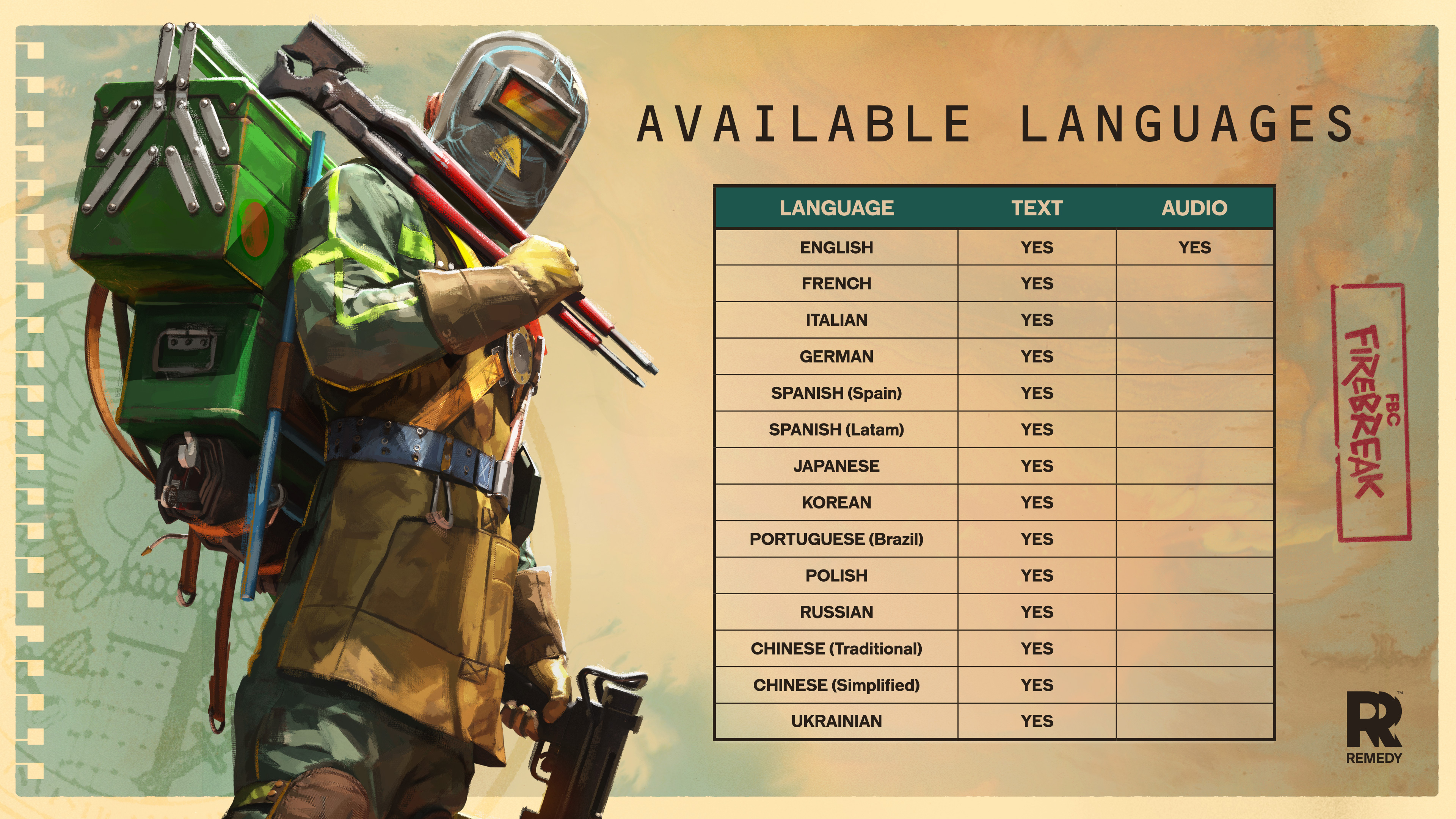 On the left side you see one of the Firbreakers standing holding a wrench in one hand a gun in the other. On the right hand side is a list of the available languages in FBC: Firebreak at launch:  English: Voice & Text  French: Text  Italian: Text  German: Text  Spanish (Spain): Text  Spanish (LATAM): Text  Portuguese (Brazil): Text  Polish: Text  Russian: Text  Ukranian: Text  Japanese: Text  Korean: Text  Chinese (Traditional): Text  Chinese (Simplified): Text 