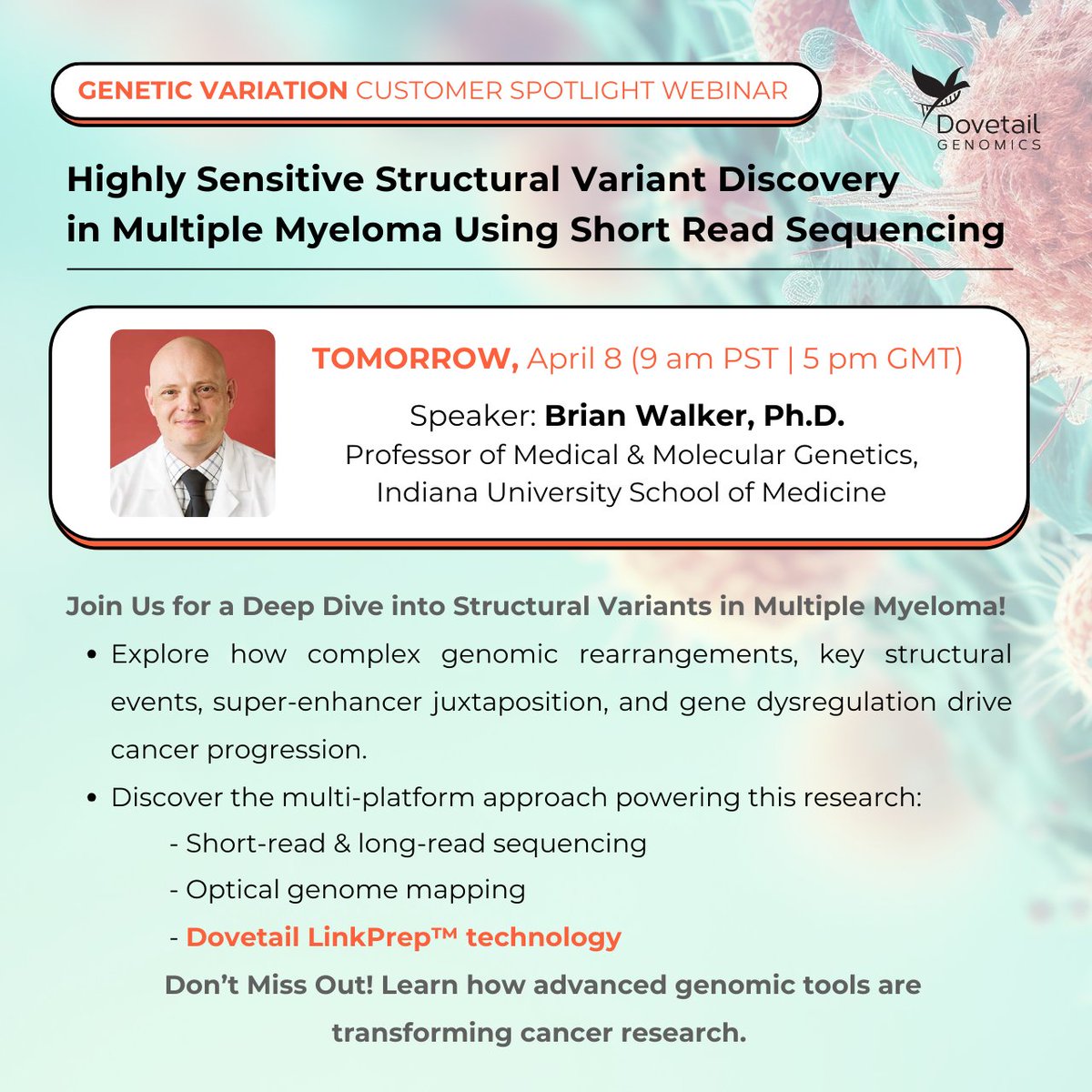 🧬 Webinar reminder: Highly Sensitive Structural Variant Discovery in Multiple Myeloma Using Short Read Sequencing 🧬 Join us TOMORROW (9am PST; 5pm GMT) as Dr. Brian Walker dives into SVs in MM and the genomic tools that enabled his research.
🔬 Register: ow.ly/aXn850V9kSR