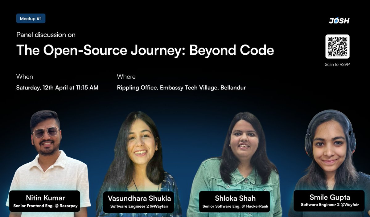 JOSH (@josh_community) on Twitter photo 📢 Panel Discussion coming to the First JOSH Bangalore 🥳
Join us as we explore The Open Source Journey: Beyond Code with amazing Panelists - <a href="/snitin315/">Nitin Kumar</a> <a href="/vasundharaas/">Vasundhara Shukla</a> <a href="/shlokashah0603/">Shloka Shah</a> and <a href="/smileguptaaa/">Smile Gupta</a>!
Registrations are open!
#JOSHCommunity #opensource #JOSHMeetup #Meetup 📢 Panel Discussion coming to the First JOSH Bangalore 🥳
Join us as we explore The Open Source Journey: Beyond Code with amazing Panelists - <a href="/snitin315/">Nitin Kumar</a> <a href="/vasundharaas/">Vasundhara Shukla</a> <a href="/shlokashah0603/">Shloka Shah</a> and <a href="/smileguptaaa/">Smile Gupta</a>!
Registrations are open!
#JOSHCommunity #opensource #JOSHMeetup #Meetup