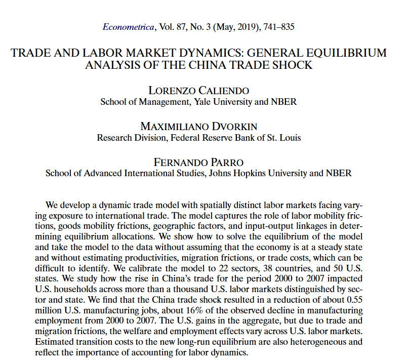 LeiboviciF's tweet photo. For a GE analysis of the China shock, check out this paper by Lorenzo Caliendo, Fernando Parro, and Max Dvorkin 👇 

CDP: 0.55 million US manufacturing jobs lost due to China shock (16% of the overall decline)

Autor-Dorn-Hanson: 1.53 million https://t.co/E6HUbgYIX9