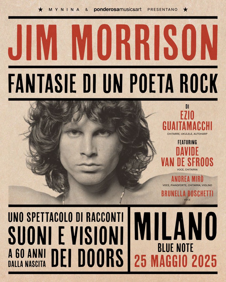 Domenica 25 Maggio debuttiamo al Blue Note di Milano con il nostro nuovo spettacolo di racconti, suoni e visioni "JIM MORRISON - Fantasie di un poeta rock".
Con me, BRUNELLA BOSCHETTI e ANDREA MIRO'   special guest DAVIDE VAN DE SFROOS, bluenotemilano.com/.../concerto-j…