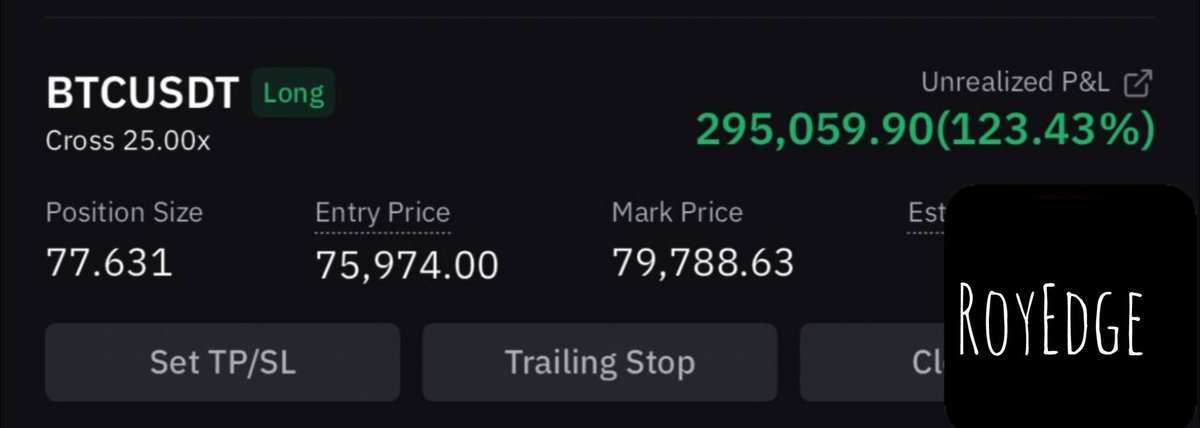 RoyEdgeT's tweet photo. #BTC USDT Target 03 hit๐ฏ
Made 295K profit ๐
Average entry : 75974
Current price : 79788
Duration : 8hours
#PremiumSignal https://t.co/teyKw9Ku3N