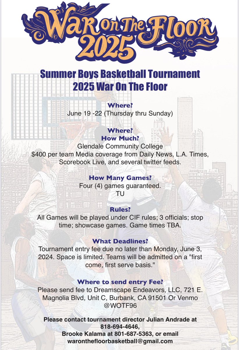 Village Christian Boys Basketball (@villagehoops) on Twitter photo War on the Floor 2025
June 19-22
Entries are now open!
First come, first serve
4 Games Guaranteed!
<a href="/latsondheimer/">eric sondheimer</a> <a href="/Tarek_Fattal/">Tarek Fattal</a> <a href="/C_Morrissette/">Connor Morrissette</a> <a href="/VCSCrusader/">Julian Andrade</a> <a href="/FrankieBur/">Frank Burlison</a> <a href="/pollonpreps/">Jack Pollon</a> <a href="/gerryfreitas/">gerry freitas</a> <a href="/VCSAthletics/">VCS Athletics</a> <a href="/LACourtReport/">LA Court Report</a> <a href="/haleymsawyer/">Haley Sawyer</a> <a href="/LoviSports/">Dan Lovi</a> War on the Floor 2025
June 19-22
Entries are now open!
First come, first serve
4 Games Guaranteed!
<a href="/latsondheimer/">eric sondheimer</a> <a href="/Tarek_Fattal/">Tarek Fattal</a> <a href="/C_Morrissette/">Connor Morrissette</a> <a href="/VCSCrusader/">Julian Andrade</a> <a href="/FrankieBur/">Frank Burlison</a> <a href="/pollonpreps/">Jack Pollon</a> <a href="/gerryfreitas/">gerry freitas</a> <a href="/VCSAthletics/">VCS Athletics</a> <a href="/LACourtReport/">LA Court Report</a> <a href="/haleymsawyer/">Haley Sawyer</a> <a href="/LoviSports/">Dan Lovi</a>