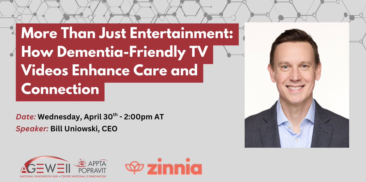 TV can do more than entertain—it can heal. 🧠💡

Join us Apr 30 @ 2PM AT for a webinar on how dementia-friendly videos support care, calm, and connection.

🎤 Bill Uniowski, CEO <a href="/zinnia/">Zinnia</a> 
🔗us02web.zoom.us/webinar/regist…