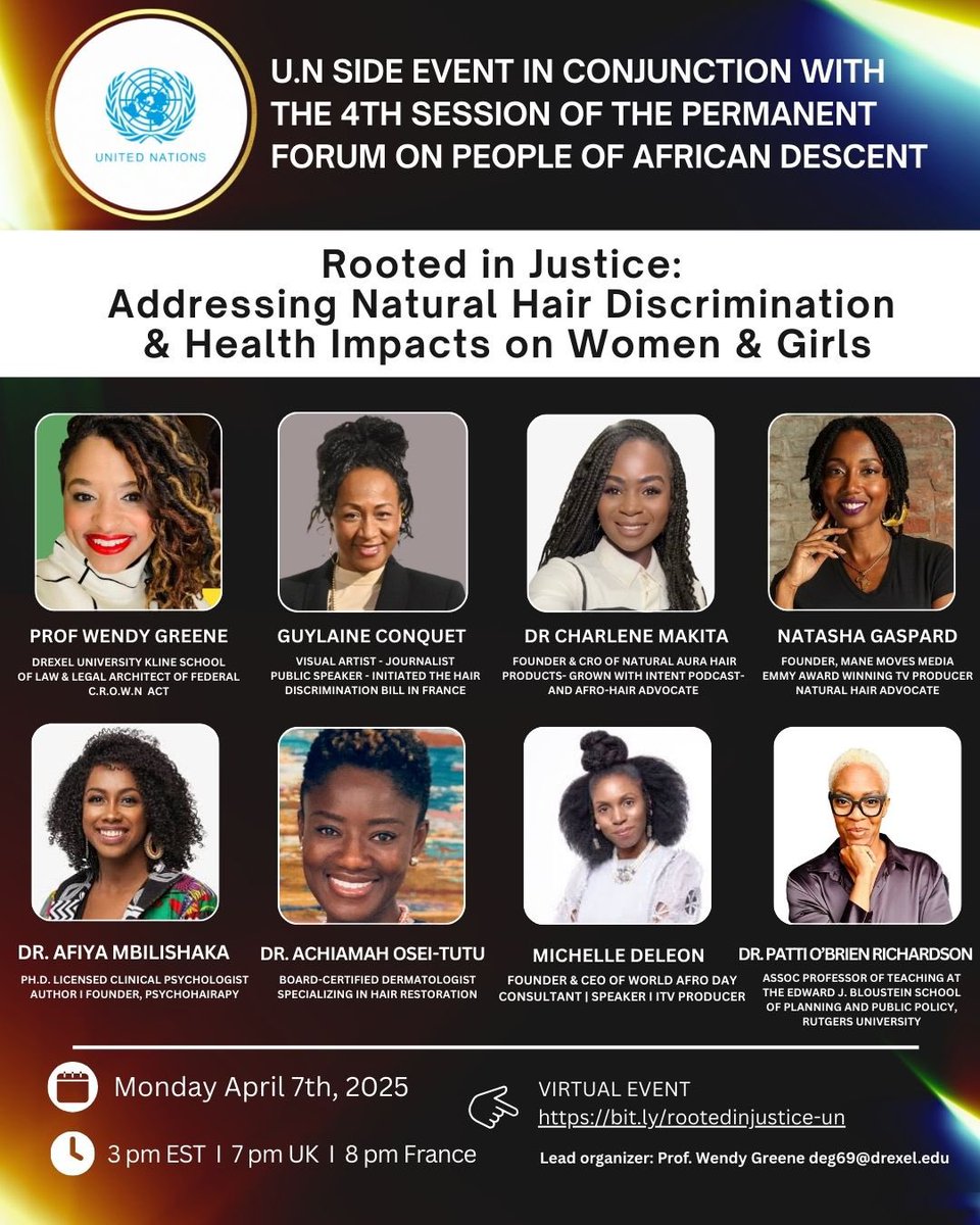 Join us today for Rooted in Justice, a UN side event spotlighting the health + human impact of anti-Black hair bias.

April 7 | 3PM EST | Virtual
RSVP: [bit.ly/rootedinjustic…]

Global experts. Legal action. Hair justice.

#WorldAfroDay #CROWNAct  #fixthelawnotourhair
