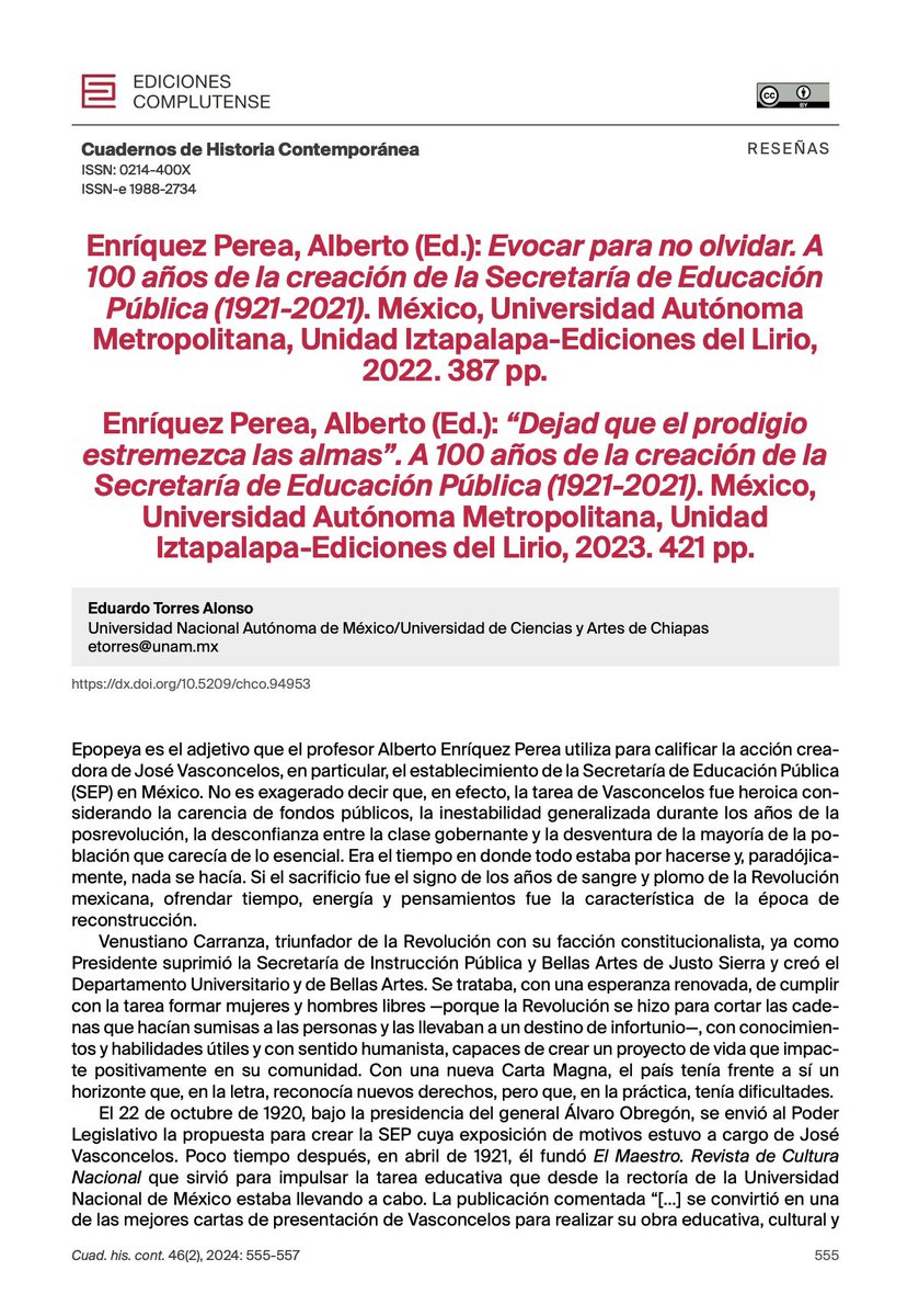 La <a href="/SEP_mx/">SEP México</a> cumplió 100 años de existencia en 2021. Para conmemorar este acontecimiento, Alberto Enríquez Perea preparó dos libros editados por otra notable institución: la <a href="/lauammx/">UAM</a>.
 
En Cuadernos de Historia Contemporánea escribo sobre estas obras.
 
🖋️ bit.ly/4i0R4p2