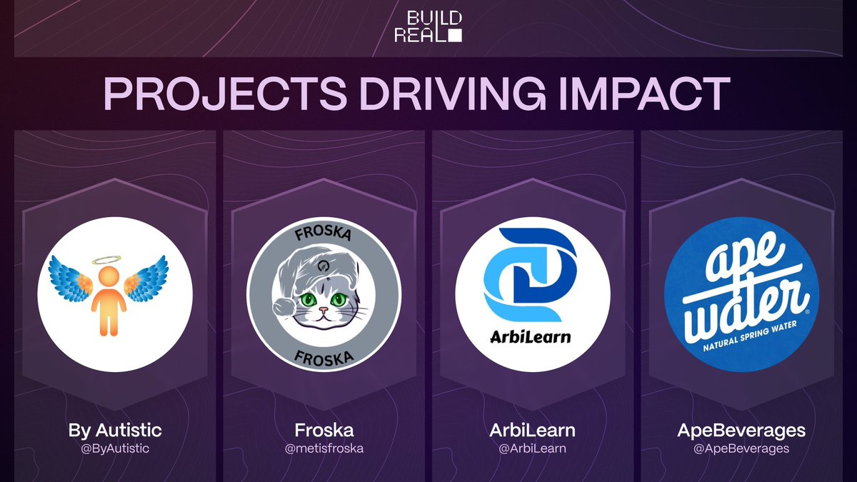 This week's Build Real projects include: 

<a href="/ByAutistic/">For The Autistic By The Autistic</a> <a href="/metisfroska/">Froska</a> <a href="/ArbiLearn/">ArbiLearn</a> <a href="/ApeBeverages/">Ape Water</a> 
 
These projects driving impact in crypto will compete in our weekly builder show "Let's Make A Demo" for a top prize of 50K Thrive Points.