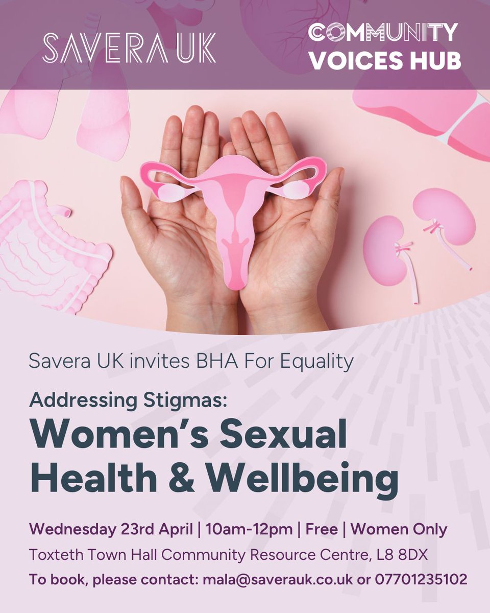 Cobalt Housing (@cobalthousing) on Twitter photo @saverauk are holding a ‘Women’s Sexual Health & Wellbeing’ event to empower women to take control of their health.
📆 Wed 23rd April, 10am-12pm- Free-Women Only
🏓 Toxteth Town Hall Community Resource Centre, L8 8DX
📩 To book, email: mala@saverauk.co.uk or call 07701 235 102 @saverauk are holding a ‘Women’s Sexual Health & Wellbeing’ event to empower women to take control of their health.
📆 Wed 23rd April, 10am-12pm- Free-Women Only
🏓 Toxteth Town Hall Community Resource Centre, L8 8DX
📩 To book, email: mala@saverauk.co.uk or call 07701 235 102