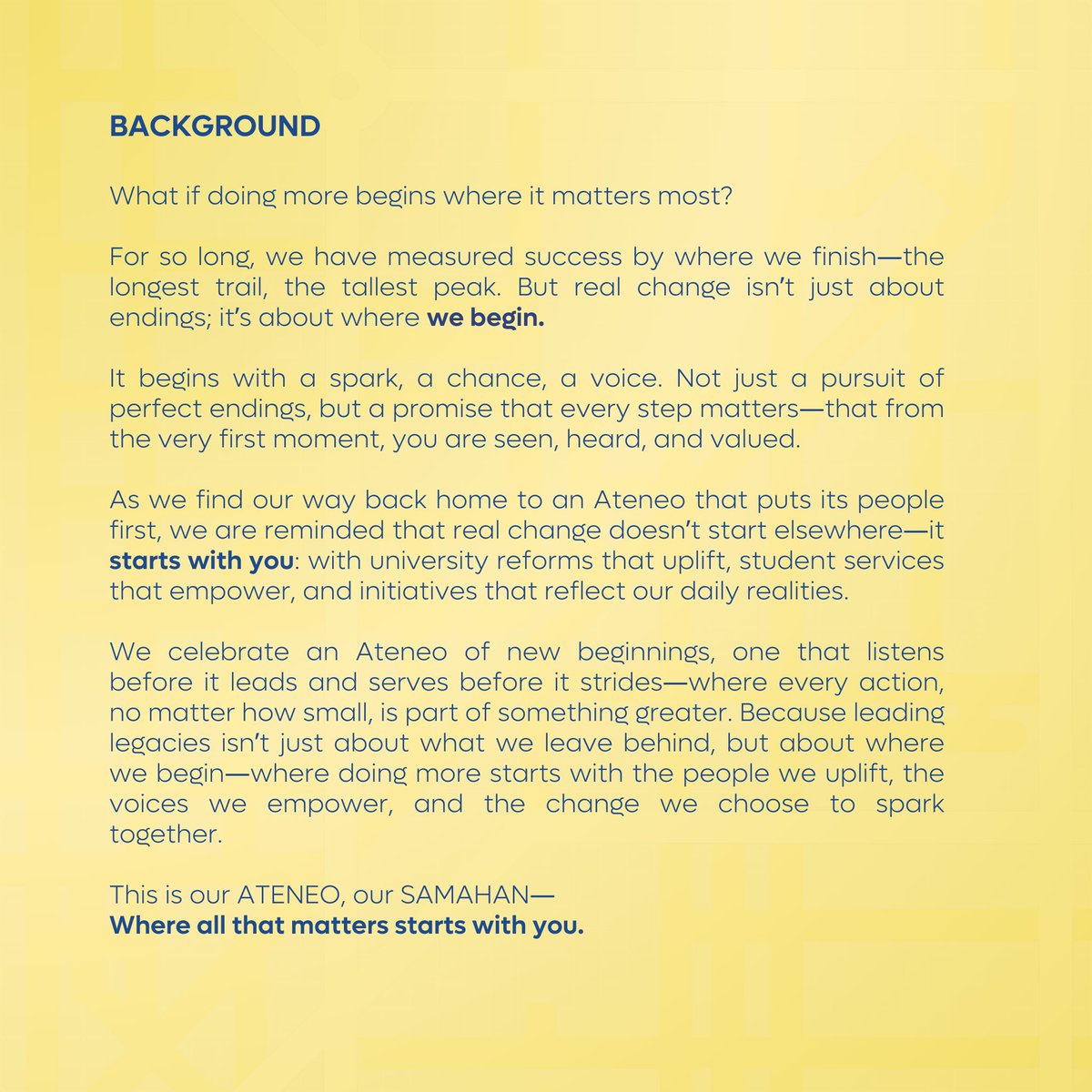 startwithyou25's tweet photo. For years, we’ve measured success by where we finish. But we’ve learned that true success is found in where our community dares to begin.

Know more about the branding below!

#StartWithYou🫵🏻 https://t.co/fErFoIqEUi