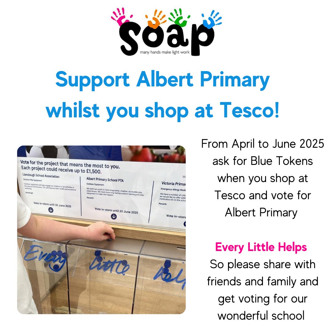 Do you shop at <a href="/Tesco/">Tesco</a>?  Don't forget to vote for <a href="/AlbertPrimary/">Albert Primary</a> with your blue tokens at Penarth, Dinas Powys, and Barry Stores💙