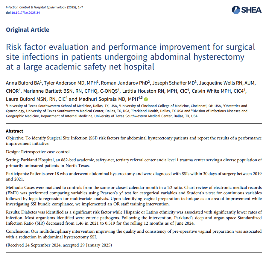 Infection Control & Hospital Epidemiology (@ichejournal) on Twitter photo New from <a href="/madhuri_id/">Madhuri Sopirala, MD, MPH</a> et al
Authors present an investigation and a performance improvement project that resulted in reduced incidence of Hysterectomy surgical site infections at our academic, safety-net, level 1 trauma center.
📄: doi.org/10.1017/ice.20… New from <a href="/madhuri_id/">Madhuri Sopirala, MD, MPH</a> et al
Authors present an investigation and a performance improvement project that resulted in reduced incidence of Hysterectomy surgical site infections at our academic, safety-net, level 1 trauma center.
📄: doi.org/10.1017/ice.20…