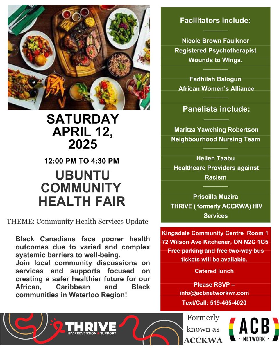 ACB Network of Waterloo Region (@ofacb) on Twitter photo Join Us for the Ubuntu Community Health Fair!
Date: Saturday, April 12, 2025
Time: 12:00pm - 4:30pm
Venue: Kingsdale Community Centre, 72 Wilson Ave, Kitchener, ON N2C 1G5.
Let's have real convos about Black health, healing and community!
#UbuntuHealthFair25
#HealthisWealth Join Us for the Ubuntu Community Health Fair!
Date: Saturday, April 12, 2025
Time: 12:00pm - 4:30pm
Venue: Kingsdale Community Centre, 72 Wilson Ave, Kitchener, ON N2C 1G5.
Let's have real convos about Black health, healing and community!
#UbuntuHealthFair25
#HealthisWealth