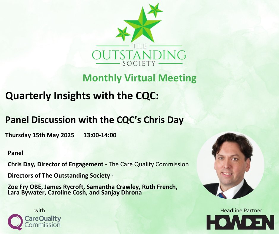 As April is <a href="/CareShow/">Care Show</a> month, our next Outstanding Society virtual meeting will be our Quarterly Insights with the Care Quality Commission. Thursday 15th May, 13:00 - 14:00.

The Outstanding Society Directors are joined by <a href="/chrisday31/">chris day</a> , Director of Engagement at the <a href="/CQCProf/">CQCProf</a>  and