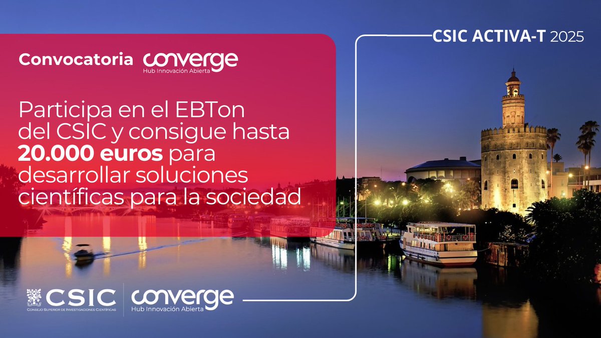 ⚠️Últimos días para CSIC Activa-T
¿Tienes un resultado de investigación y quieres llevarlo al mercado? Con el #EBTon te ayudamos a que tu idea de negocio avance hacia una #Empresa
📅Hackathon 28-29/05-Pitch Competition 13/06 en Sevilla 
✍️Código EBTONS2025 siw.csic.es/icv/
