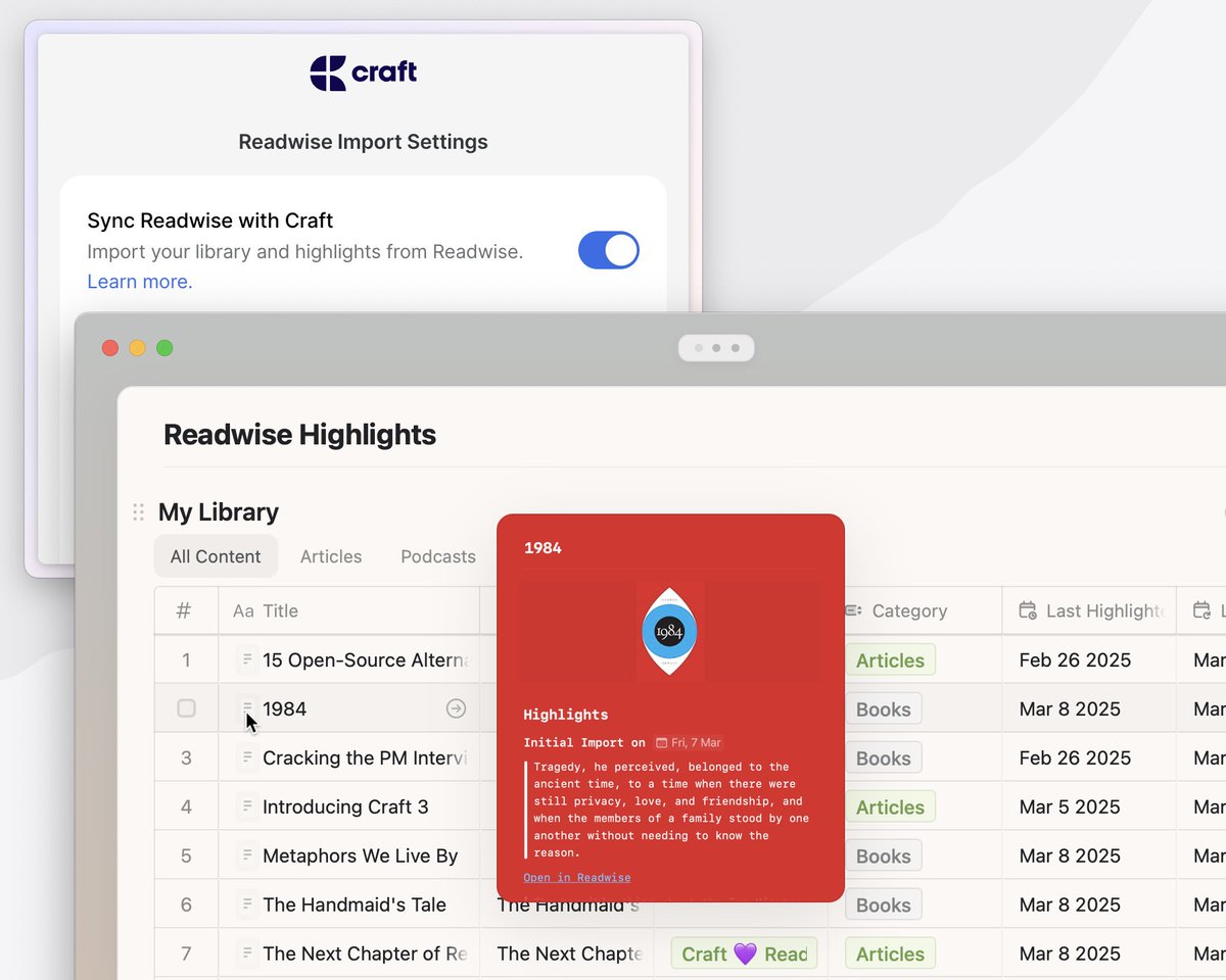 Sync <a href="/readwise/">Readwise</a> to Craft is coming soon! 📚  
You've been asking for it for a long time – is it finally here?! 🤯  
Stay tuned for our next update and special offer! 🔥