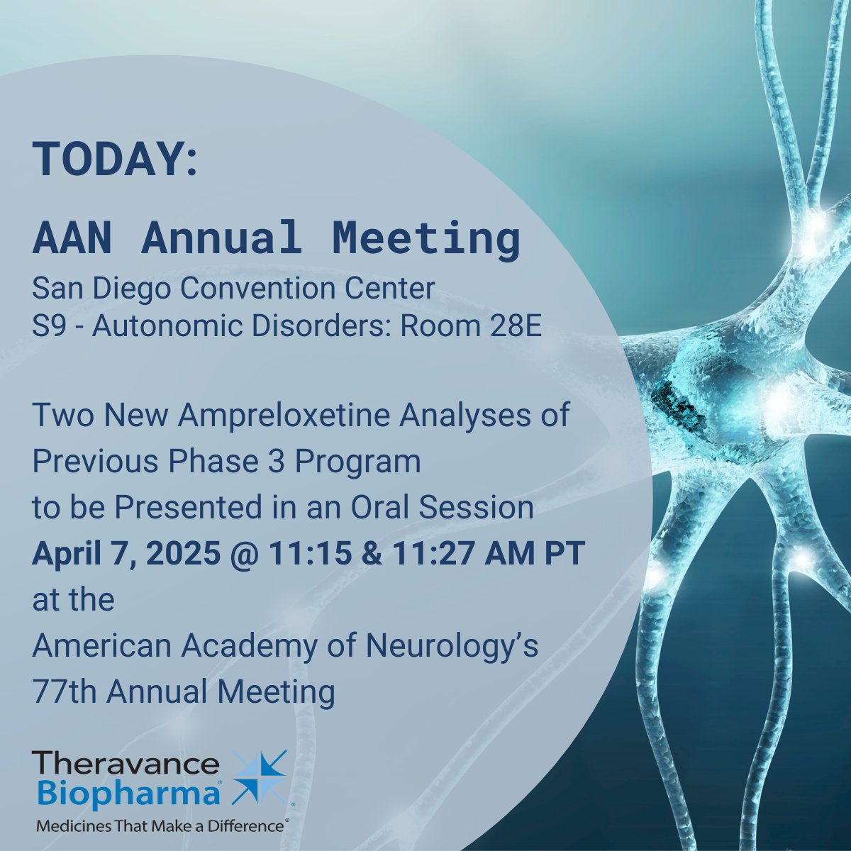 Theravance Biopharma (@theravancebio) on Twitter photo New ampreloxetine analyses of the previous Phase 3 Program (Studies 169 & 170) will be presented today in back-to-back oral presentations at the <a href="/AANMember/">American Academy of Neurology</a> Annual Meeting in San Diego! 11:15am PT and 11:27am PT in the S9-Autonomic Disorders Scientific Platform Session. #AANAM New ampreloxetine analyses of the previous Phase 3 Program (Studies 169 & 170) will be presented today in back-to-back oral presentations at the <a href="/AANMember/">American Academy of Neurology</a> Annual Meeting in San Diego! 11:15am PT and 11:27am PT in the S9-Autonomic Disorders Scientific Platform Session. #AANAM