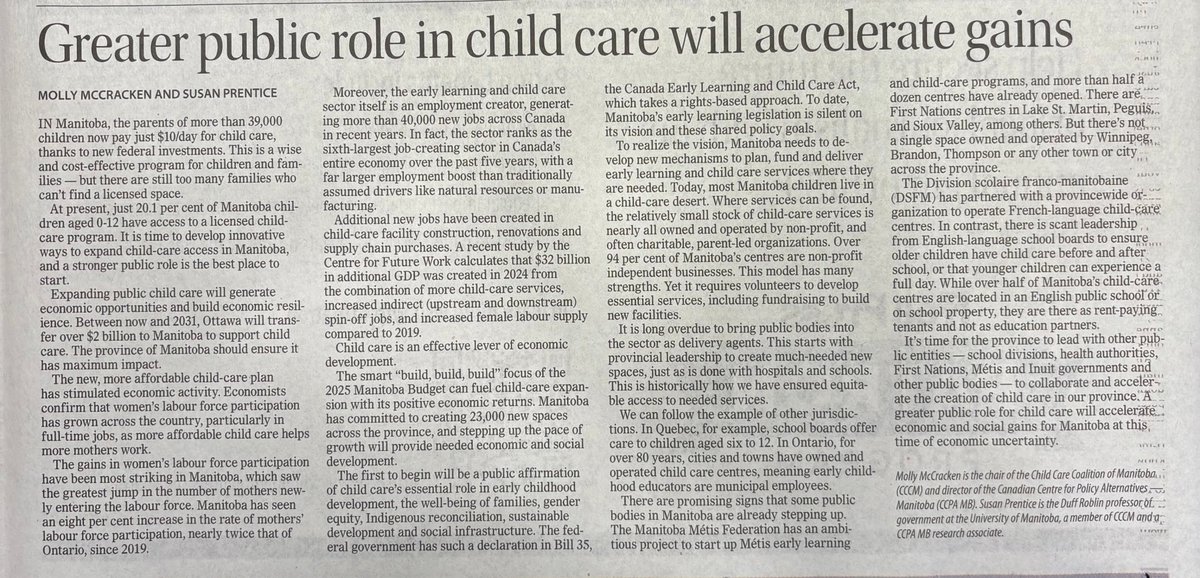 Susan Prentice PhD🇨🇦 (@susanprentice) on Twitter photo In today's Winnipeg Free Press, Molly McCracken (<a href="/mmmollymcc/">Molly McCracken</a>) and I argue for a greater public role in #childcare development in Manitoba. In today's Winnipeg Free Press, Molly McCracken (<a href="/mmmollymcc/">Molly McCracken</a>) and I argue for a greater public role in #childcare development in Manitoba.