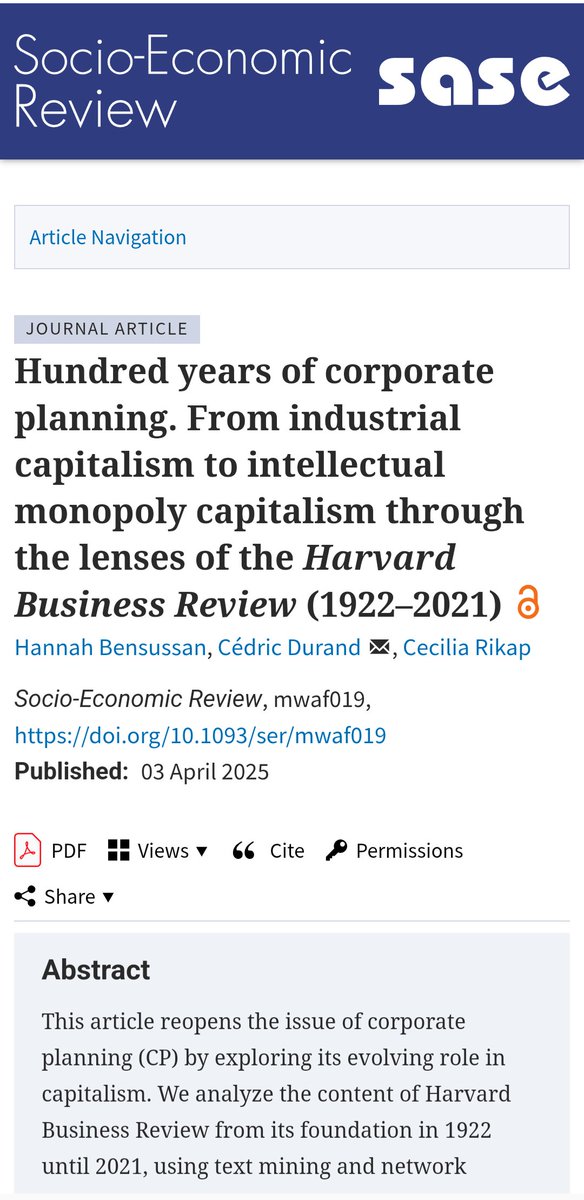 CeciliaRikap's tweet image. Excited to share our piece &quot;100 years of Corporate Planning&quot; w/ @cedric_durand &amp;amp; Hannah Bensussan
Published at @SASE_Meeting journal, Socio-Economic Review

academic.oup.com/ser/advance-ar…

#planning #power #digitaltechnologies

🧵 on our findings 👇