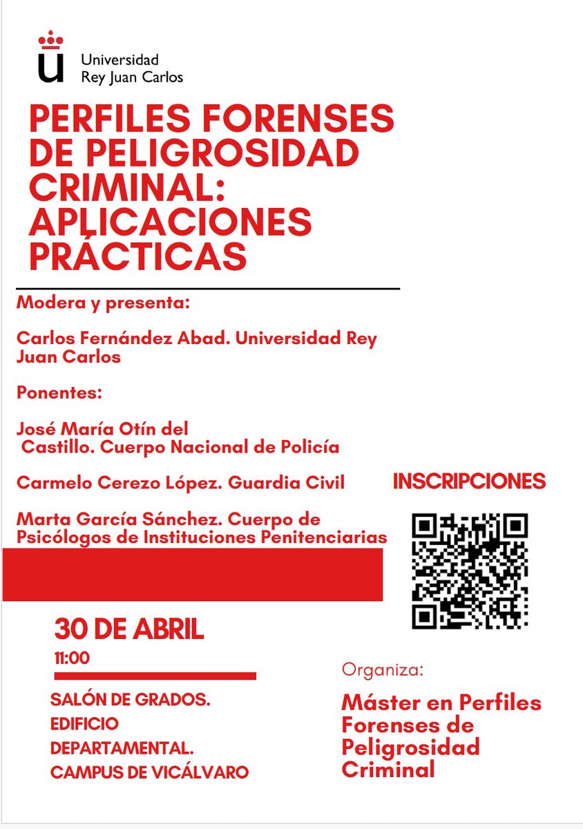 Desde el Máster en Perfiles Forenses de Peligrosidad Criminal se organiza el próximo 30 de abril a las 11:00 en el Salón de Grados del Edificio Departamental del Campus de Vicálvaro la Jornada sobre Perfiles Forenses de Peligrosidad Criminal: Aplicaciones Prácticas.