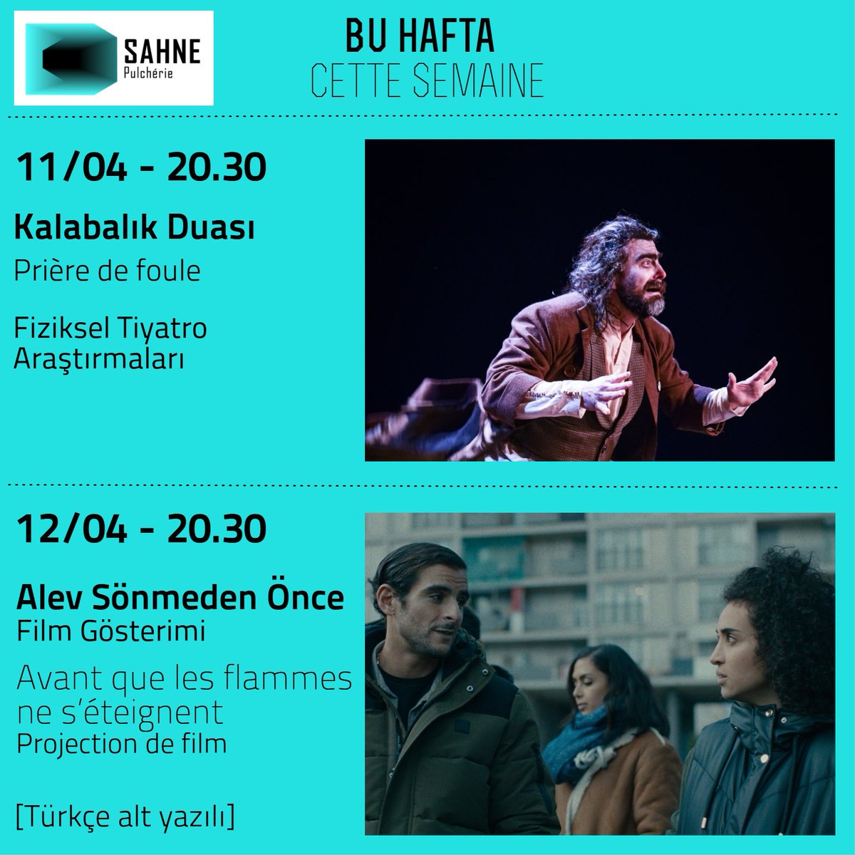 Bu hafta Sahne Pulchérie’de! “Kalabalık Duası” biletleri: tiyatrolar.com.tr/m/tiyatro-bile… ; Ücretsiz film gösterimi için rezervasyon gerekmemektedir. <a href="/fizikseltiyatro/">FTA</a>
