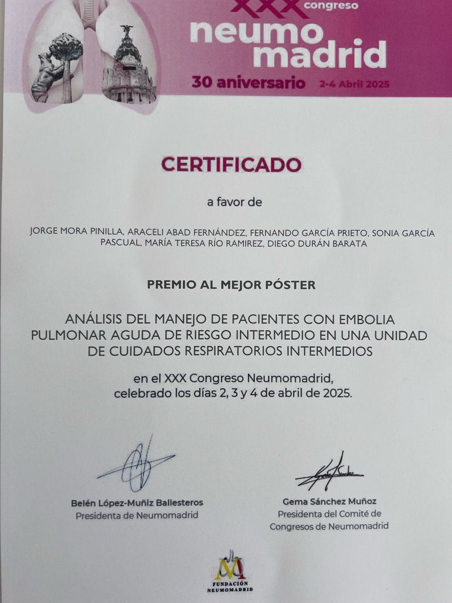dduranb's tweet photo. ¡Enhorabuena a todo el equipo de la UCRI de @Neumologia_HUG ! Primer premio al mejor póster de @neumomadrid sobre TEP en UCRI 💪🏻🫁💪🏻🫁 https://t.co/cQ0PcCYHNo