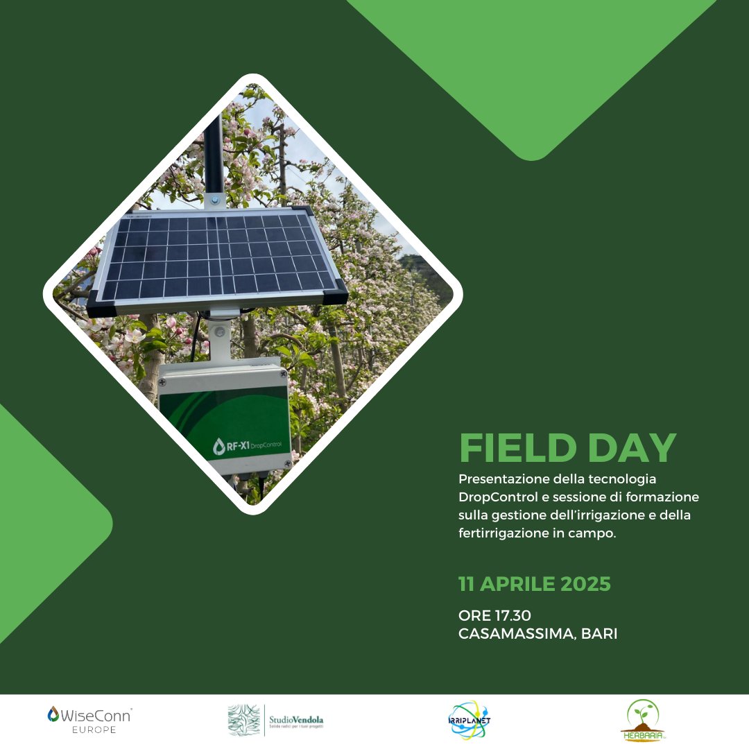 WiseConn Europe (@wiseconneurope) on Twitter photo Venerdì 11 aprile si terrà il Field Day in #Puglia, un evento organizzato da #WiseConnEurope in collaborazione con Studio Vendola Srl, Irriplanet e Herbaria S.r.l. 🌱L’evento è riservato su invito.
Contattaci per maggiori informazioni:
📩abasilissi@wiseconn.com
📱+39 3928591741 Venerdì 11 aprile si terrà il Field Day in #Puglia, un evento organizzato da #WiseConnEurope in collaborazione con Studio Vendola Srl, Irriplanet e Herbaria S.r.l. 🌱L’evento è riservato su invito.
Contattaci per maggiori informazioni:
📩abasilissi@wiseconn.com
📱+39 3928591741