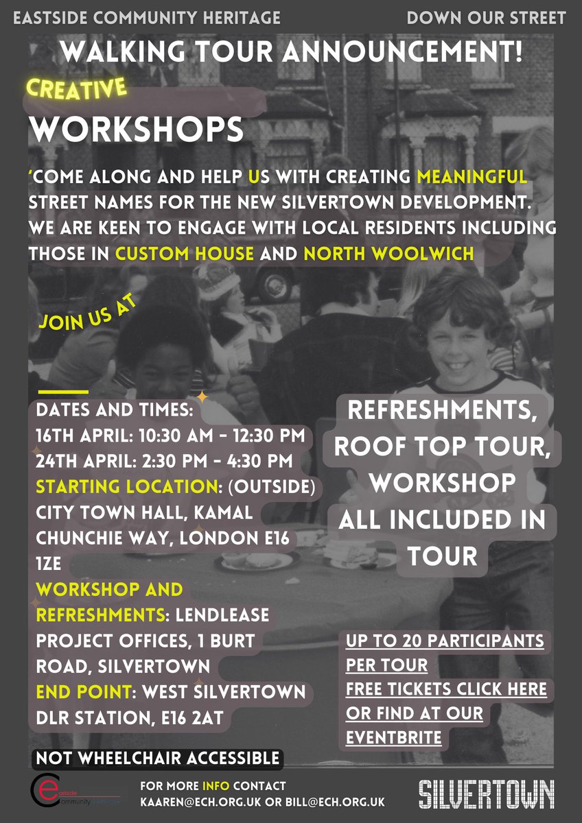 Walking tour of the Docklands + workshop where you can help shape the future of the area. With Lendlease contribute your ideas to develop new road and building names!
Email Bill@ech.org.uk.
Free Ticket links:
16th - eventbrite.com/e/down-our-str…

24th - eventbrite.com/e/copy-of-down…