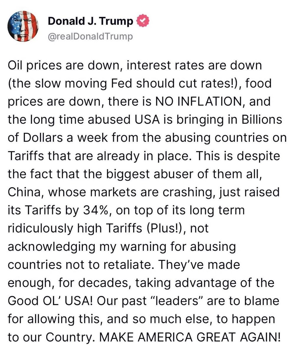 The tariffs are working. Wall Street will be just fine. Financial markets are being reset. Finally, America First! 🇺🇸👊💥