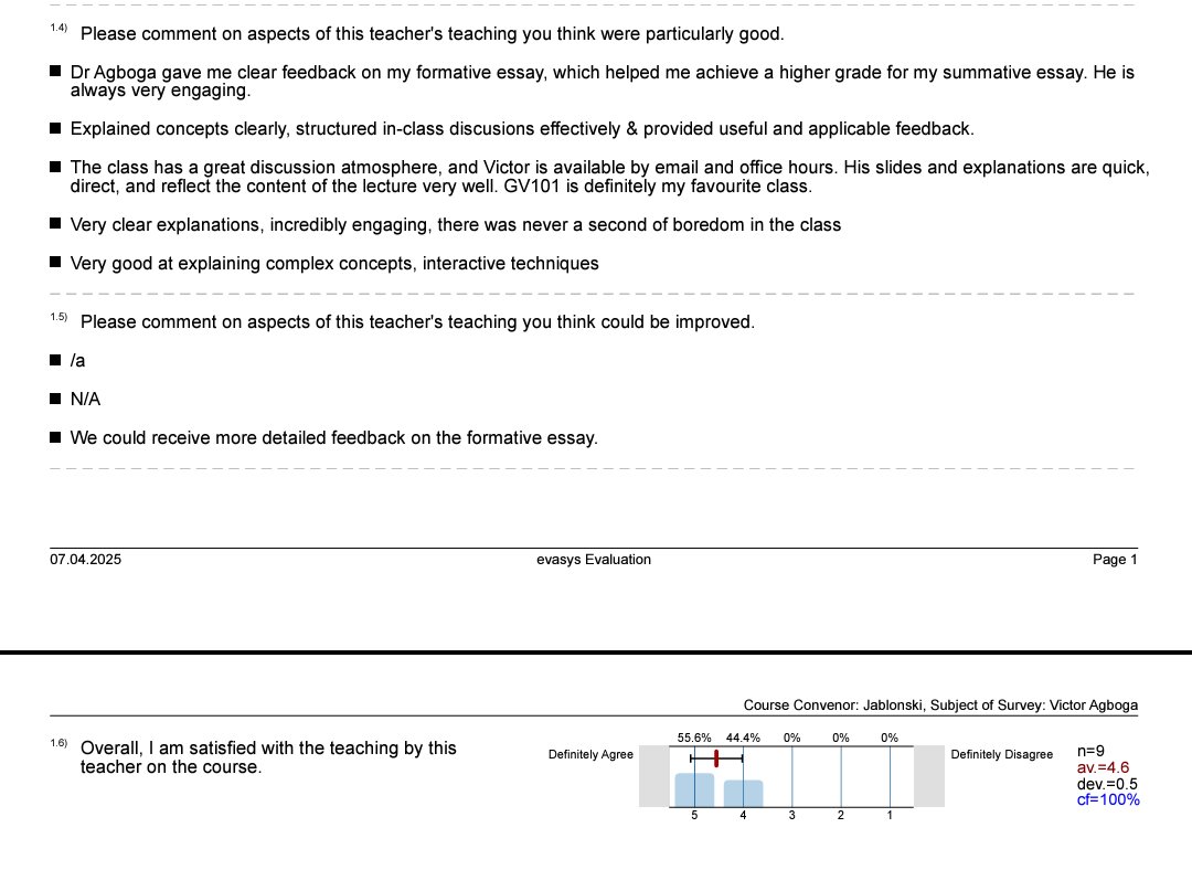 My teaching evaluation for the just concluded academic term 🫡

"There was never a second of boredom in the class!" 😁
I will use this line in my next job talk when asked about my teaching.